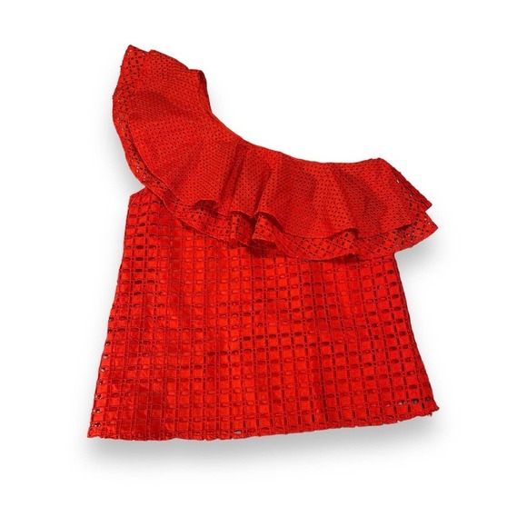 J. Crew Eyelet One Shoulder Ruffle Lined Top Blouse Women's Bright Orange 00 - Picture 2 of 12